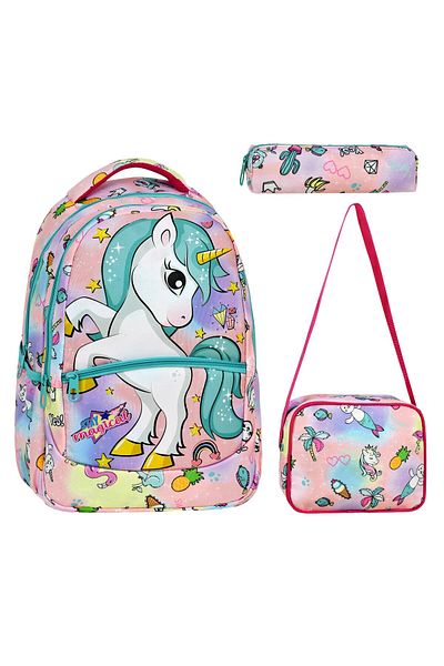 Çanta Trend Geantă de școală cu model unicorn pentru școala primară din 3 piese, prânz pentru fete și suport pentru stilou