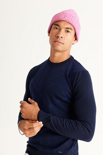 AC&Co / Altınyıldız Classics Men's Navy Blue Standard Fit Regular Cut Crew Neck Jacquard Wool Knitwear Sweater