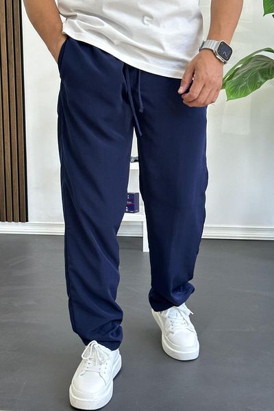 Edwox Men's Elastic Waist Modal Fabric Comfortable Cut Trousers Navy Blue Edw396