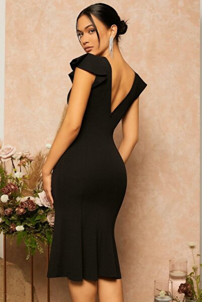 Mossta Double Breasted Collar Midi Crepe Dress with Flywheel Sleeves - Black