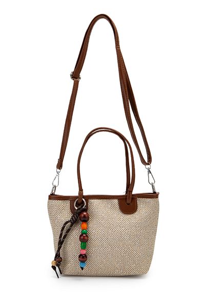 minebag Wooden Bead Detailed Straw Women's Crossbody Bag Missy Brown