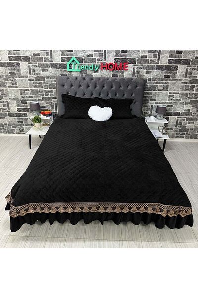 trendyhome Husă de pilotă premium din catifea, pat dublu, 3 piese, UNI, negru, J11113