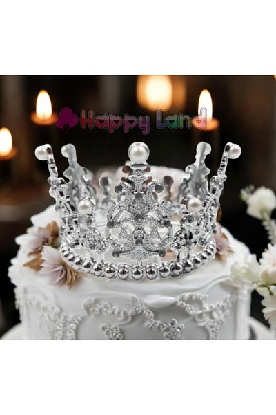 Happyland Silver Pearl Cake Crown Set (Cake Crown, Birthdayqueen Pastaplexis, Silver Cake Simi)