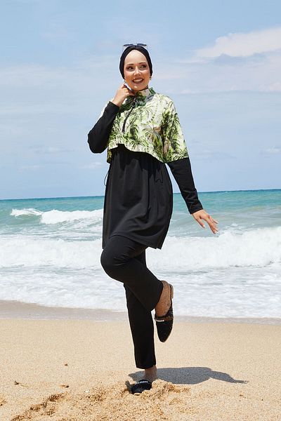 EBRUTESETTÜR Half Zipper Palm Pattern Hijab Swimsuit