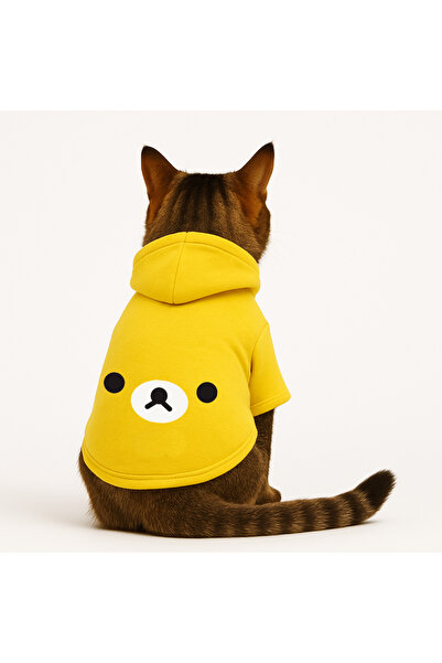 Buddy Store سويت شيرت أصفر بقلنسوة على شكل قطة مع غطاء رأس مطبوع عليه دب مقاس L