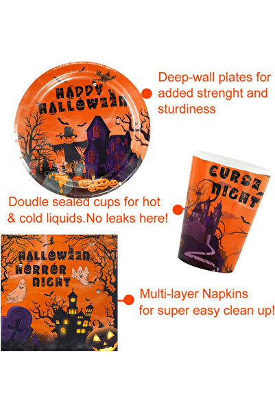 Miotlsy Halloween party tableware set, cardboard/polyethylene, orange, 81 pieces, 10 people