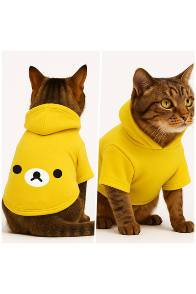 Buddy Store سويت شيرت أصفر بقلنسوة على شكل قطة مع غطاء رأس مطبوع عليه دب مقاس L