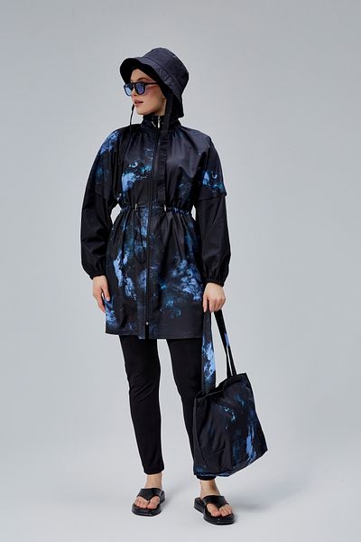 MASSMİZO Nebula Women's Short Patterned Zippered Fully Covered Hijab Swimsuit Set of 3
