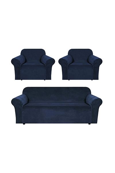 trendyhome Set huse elastice din catifea, canapea cu 3 locuri + 2 fotolii, UNI, bleumarin, J11016