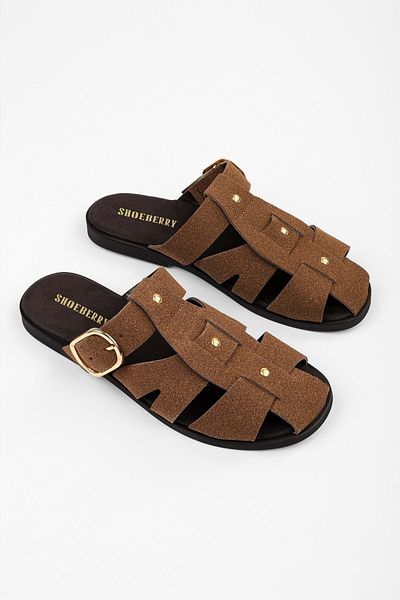 Shoeberry Women's Sole Tan Suede Trok Detailed Belted Slippers