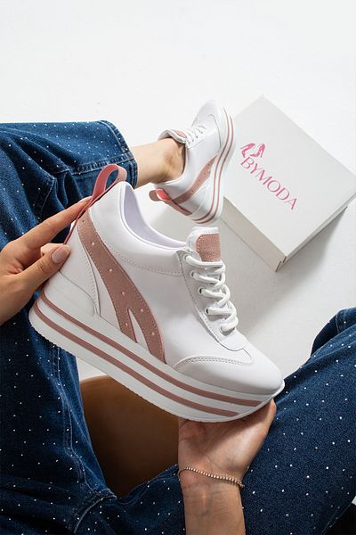 Bymoda New Season White Powder Hidden Wedge Heeled Sports Shoes Total Height 10 cm