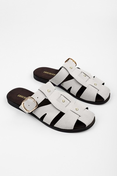 Shoeberry Women's Sole Gray Suede Trok Detailed Belted Slippers