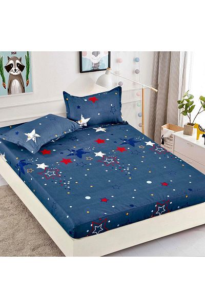 trendyhome Single Bed Cover with Elastic, Fine Cotton, 90 x 200 cm, Stars, Navy Blue, J23435