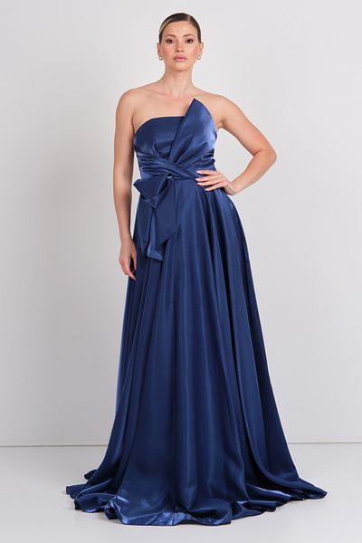 Hvit Vera Women Strapless Shiny Satin Fabric Maxi Evening Dress 5785 Navy Blue