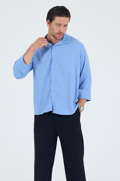 Trn JNS Berlin Baby Blue Summer Aerobin Linen Textured Comfortable Fit Oversize Men's Shirt