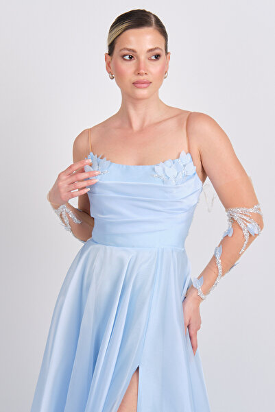 ÖMÜR INN Ömür Inn Kadın İp Askılı Derin Yırtmaçlı Uzun Abiye Elbise 0482 Bebe Mavisi