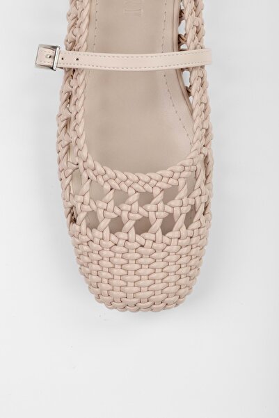 Shoeberry Women's Miela Beige Leather Buckled Knitted Ballet Flats