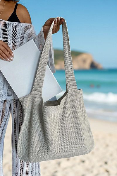 TRQOM Γυναικεία Πλεκτά Καλοκαιρινά Πλεκτά Τσάντα Παραλίας Mink με λουράκι ώμου