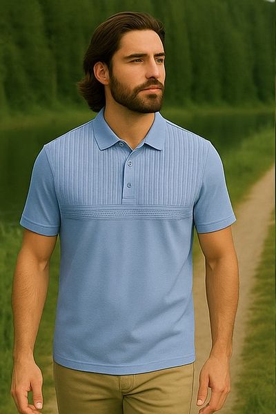 Maccali Men's Large Size Loose Patterned Blue Polo Neck T-Shirt