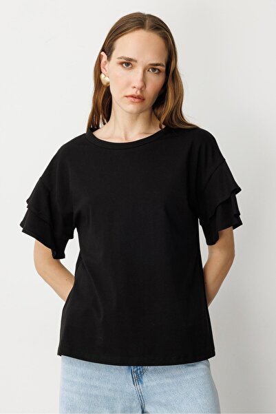 accort Kolları Volanlı Tişört-SİYAH