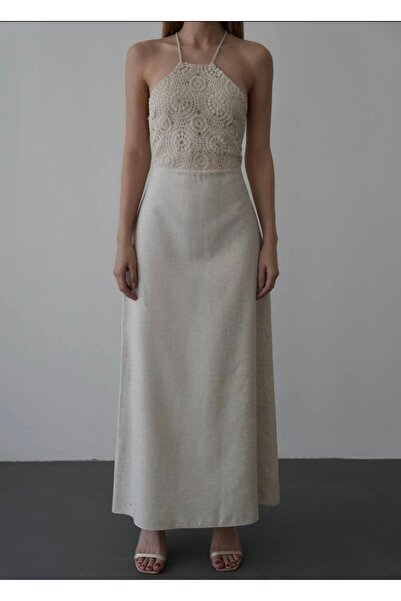 Quzu Collection HALTER YAKA KETEN ELBİSE