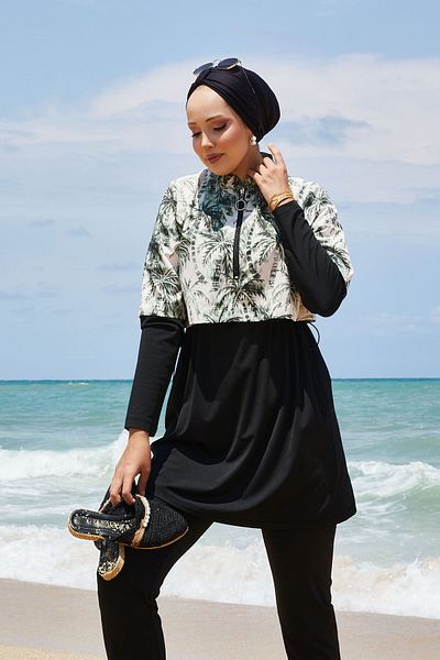 EBRUTESETTÜR Half Zipper Palm Pattern Hijab Swimsuit