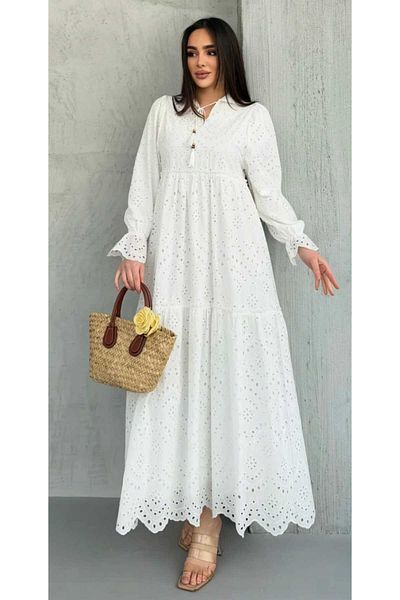 QUAWEAR Lace-Up V-Neck Ankle Elastic Sleeve Guipure Embroidered Full Length Dress