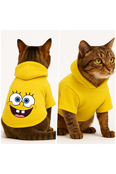 Buddy Store سويت شيرت أصفر بقلنسوة على شكل قطة مطبوع عليه SpongeBob مقاس XL