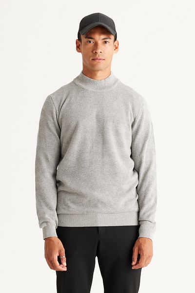AC&Co / Altınyıldız Classics Men's Gray Melange Standard Fit Regular Cut Half Turtleneck Cotton Jacquard Knitwear Sweater