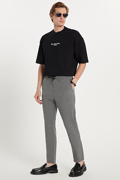 Tudors Erkek Slim Fit Dar Kesim Pamuklu Lastikli Beli Bağcıklı Koyu Gri Pantolon