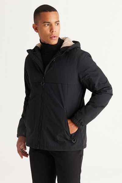 AC&Co / Altınyıldız Classics Men's Black Standard Fit Regular Cut Hooded Side Pocket Jacket