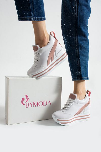 Bymoda New Season White Powder Hidden Wedge Heeled Sports Shoes Total Height 10 cm