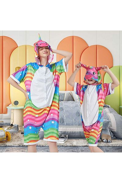 zzz sleep good sleeping !!! Children's short jumpsuit pajamas, unicorn pattern, multicolor wave print, KIGURUMI