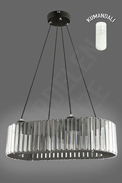 KARDELEN AYDINLATMA AVİZE Kardelen Yakut Siyah Oval Yemek Masası 4 Lü 56 cm Kumandalı Lüx Modern Taşlı avize