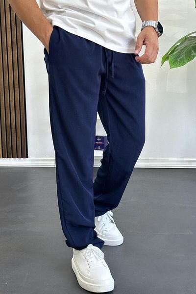 Edwox Men's Elastic Waist Modal Fabric Comfortable Cut Trousers Navy Blue Edw396