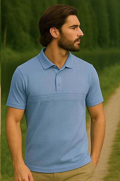 Maccali Men's Large Size Loose Patterned Blue Polo Neck T-Shirt