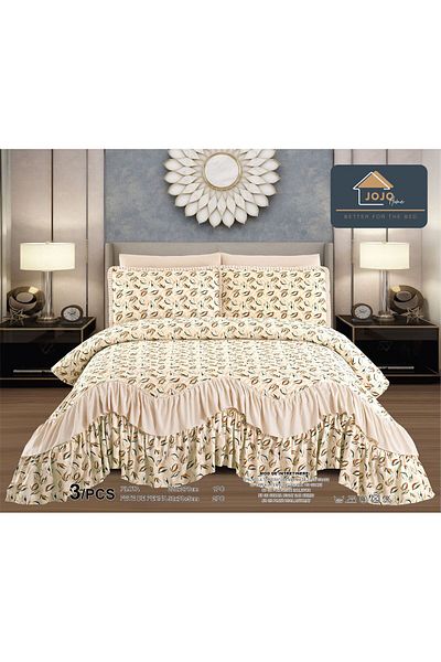trendyhome Ruffled Duvet Cover, Double Bed, 3 Pieces, Floral Print, Beige, J9845