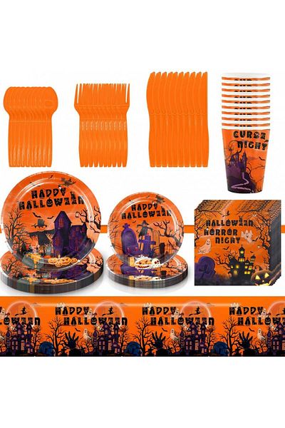 Miotlsy Halloween party tableware set, cardboard/polyethylene, orange, 81 pieces, 10 people