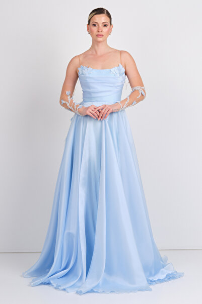 ÖMÜR INN Ömür Inn Kadın İp Askılı Derin Yırtmaçlı Uzun Abiye Elbise 0482 Bebe Mavisi