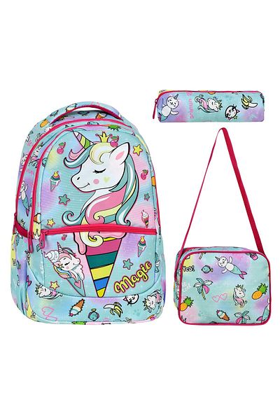 Çanta Trend Geantă de școală cu model unicorn pentru școala primară din 3 piese, prânz pentru fete și suport pentru stilou