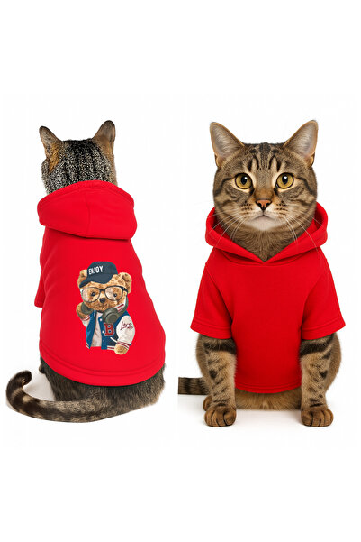 Buddy Store سويت شيرت بقلنسوة باللون الأحمر من Cat Outfit Enjoy مقاس M