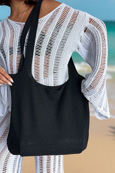 TRQOM Women's Knitted Summer Knitwear with Shoulder Strap Black Beach Bag 40X36