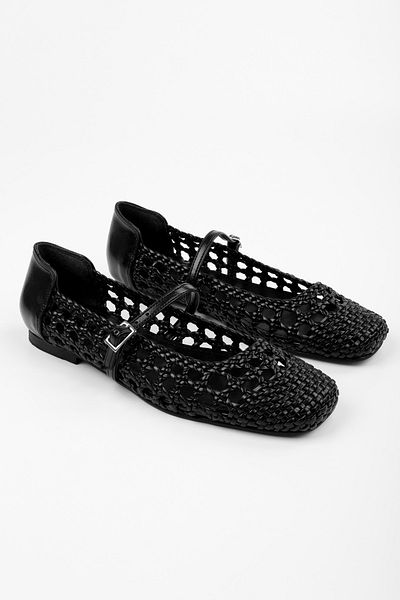 Shoeberry Women's Miela Black Leather Buckle Knitted Ballerinas