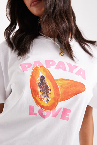 KASHKHA تيشيرت أبيض مطبوع بنمط البابايا 100% قطن