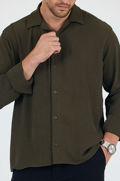 Trn JNS Berlin Khaki Summer Aerobin Linen Textured Comfortable Fit Oversize Men's Shirt