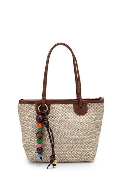 minebag Wooden Bead Detailed Straw Women's Crossbody Bag Missy Brown