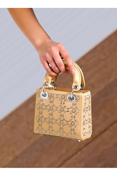 Generic embellished Mini leather crossbody/carry bag in Gold-tone crystal-cut appliques