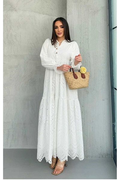 QUAWEAR Lace-Up V-Neck Ankle Elastic Sleeve Guipure Embroidered Full Length Dress