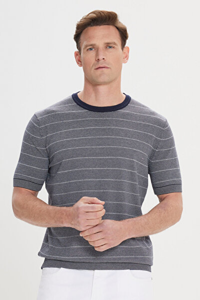 AC&Co / Altınyıldız Classics Men's Navy Blue-White Standard Fit Regular Fit 100% Cotton Striped Crew Neck Knitwear T-Shirt