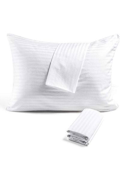 Five Store Set 2 huse perna din damasc, dunga 1 cm, densitate 130 g/mp, Alb, 45/45cm